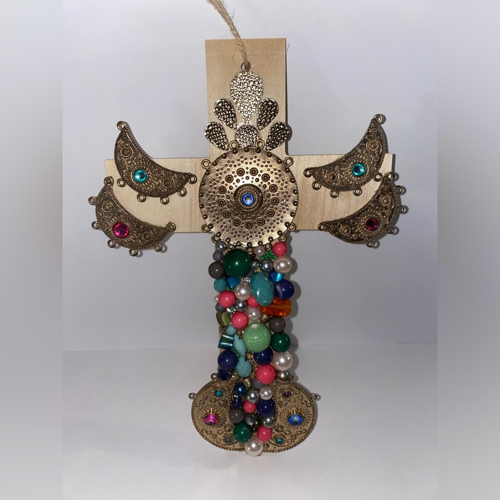 Multi Color with Gold tones Artisanal Wood Cross w/ Repurposed Jewelry Wall Deco
